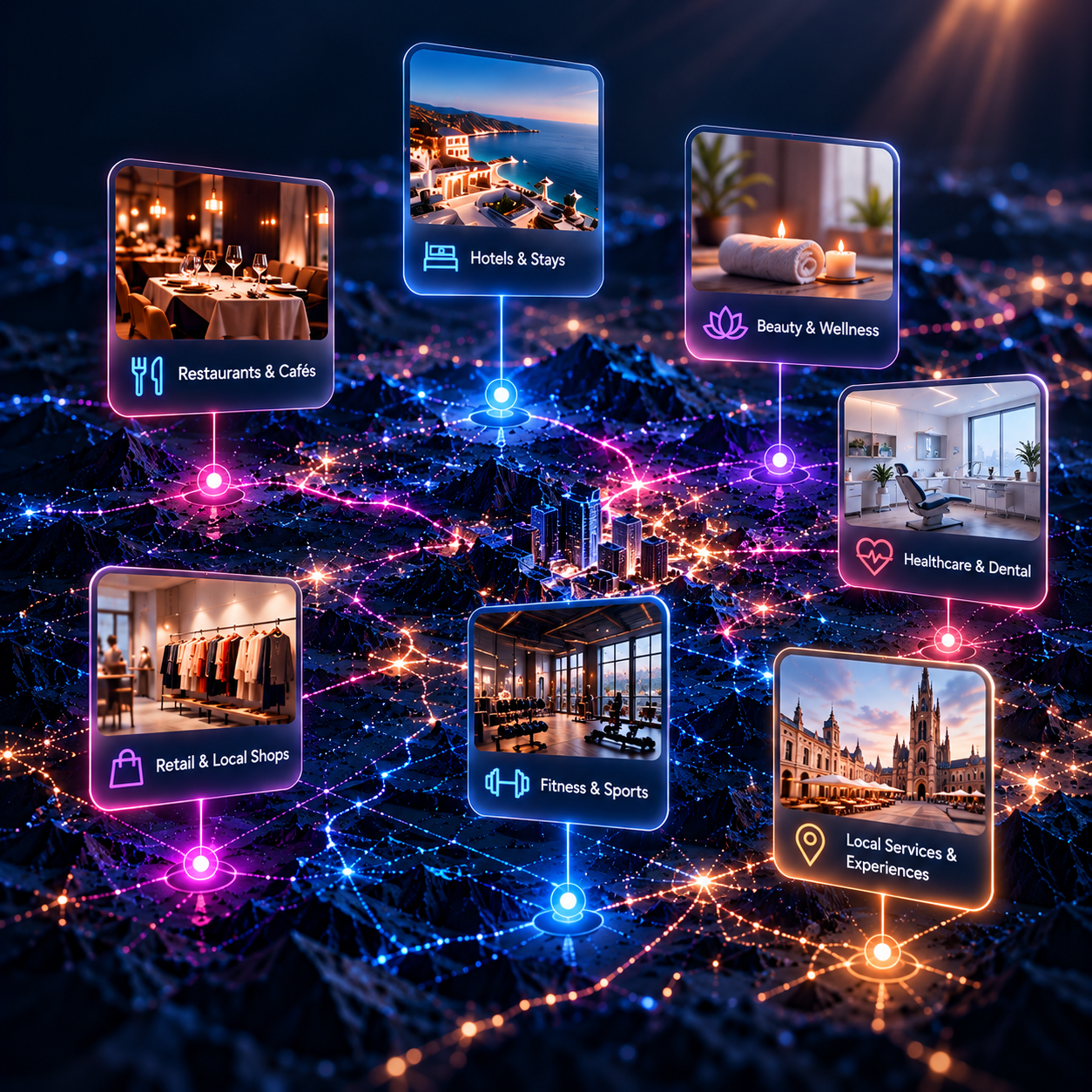 Independent local business sectors represented across a connected perception intelligence landscape, including hospitality, dining, wellness, healthcare, retail, fitness and local services.